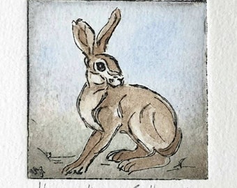 Kleine original Radierung eines Feldhasen Hasen mit Passepartout - Small original Etching of a Hare with Passepartout