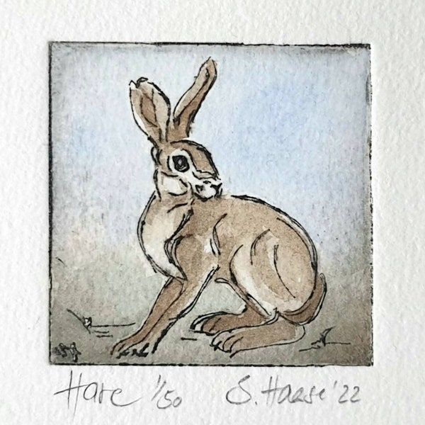 Kleine original Radierung eines Feldhasen Hasen mit Passepartout - Small original Etching of a Hare with Passepartout