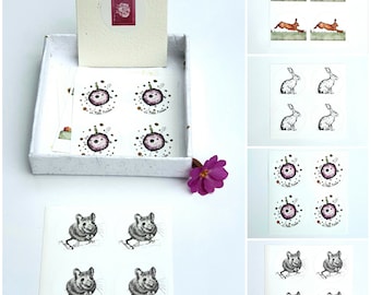 4 fine art stickers mini etching motifs rabbit, Easter, mouse, little prince, 4 stickers mini etching motifs, easter, hare, mouse, prince