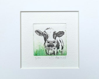 Original Radierung Kuh mit Passepartout, original Etching Cow with Passepartout.