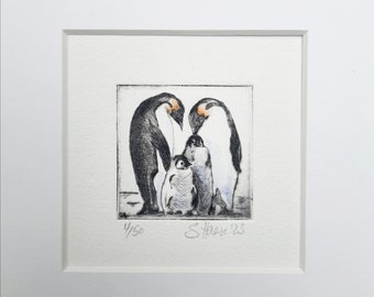 Original etching of a penguin family with 2 chicks with passepartout. Original Etching of a Penguin Family with 2 kids with Passepartout