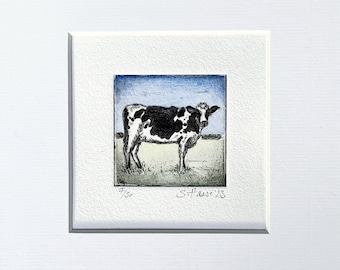 Original Radierung Kuh mit Passepartout, original Etching Cow with Passepartout.