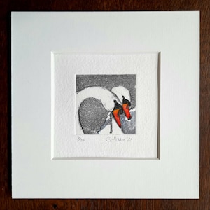 Pair of swans, swans, lovers love, pair, original etching with passepartout, original Etching Swan Couple, Love with mat/passpartout.