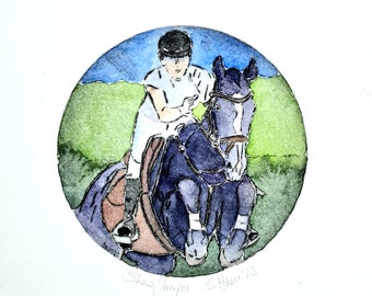Show jumping, rider, horse, original etching colored with watercolor original etching Show Jumper, Horse Man Colorado with Watercolor