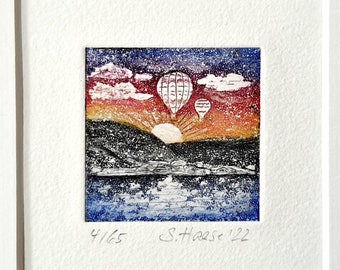 Kleine Radierung Heißluftballon mit Passepartout, small Etching Ballon, with Passepartout.