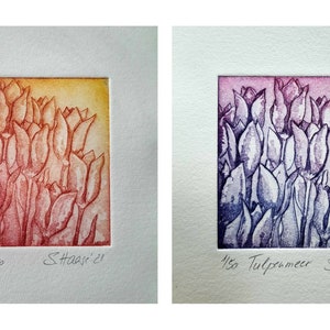 Può includere: Due stampe di un mazzo di tulipani in uno schema di colori rosso e arancione e uno schema di colori viola e blu. Le stampe sono firmate "S. Haas" e datate "21".