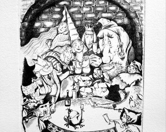 Märchen Bild, original Radierung Kaltnadel, Fairytale picture, original Etching, Drypoint