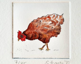 Chicken etching Henne, Etching Hen, Chicken, original, colored, coloured with Passepartout
