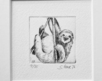 Etching, art print, picture print sloth, original with passepartout.