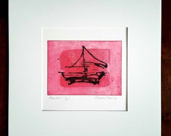 Sunset, original etching, two-plate print with passepartout, original etching and set, two plates print with passepartout mat
