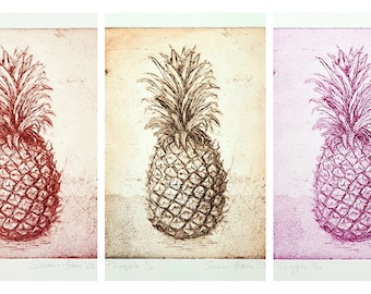 For all pineapple fans: original hardground etching of a pineapple, signed and numbered, small edition, original Etching of a pineapple