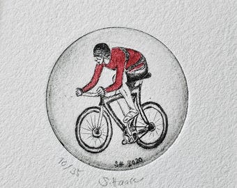 Cyclist, original etching with passepartout, original Etching of a Biker or Cyclist including passepartout