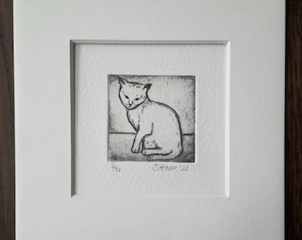 Original etching cat, cat, original etching cat, with/with passepartout optional with frame/frame
