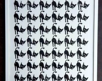 Original Linoldruck mit 42 schwarzen Katzen oder Kater, Titel "Keine wie die andere".
