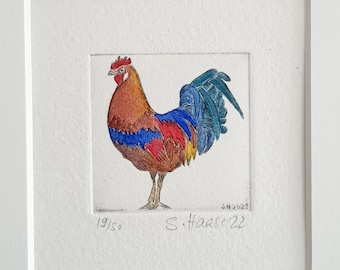 Proud Rooster, etching, black and white or colored with passepartout, original Etching Proud Rooster with passepartout