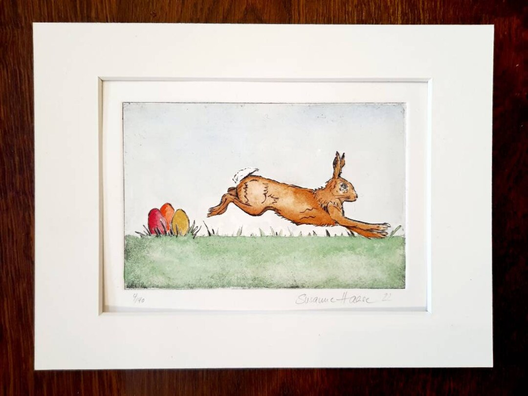 Original Etching Easter Bunny, Rabbit, Easter Colored With Watercolor ...