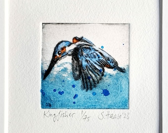 Kingfisher, original etching colored - Kingfisher original etching, colored mit/with passepartout/mat
