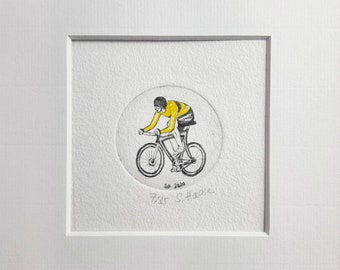 Radfahrer, original Radierung mit Passepartout, original Etching of a Biker or Cyclist including Passepartout