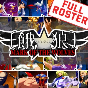 Könnte beinhalten: Eine Collage von Charakteren aus dem Kampfspiel "Garou: Mark of the Wolves". Der Titel des Spiels wird in der Mitte des Bildes angezeigt, mit den Worten "Full Roster" in der oberen rechten Ecke.