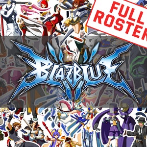Puede incluir: Un collage de personajes de anime coloridos de la serie de videojuegos Blazblue. Los personajes están dispuestos en una cuadrícula y todos miran hacia adelante. El texto "FULL ROSTER" se muestra en un cuadro rojo en la parte superior de la imagen.