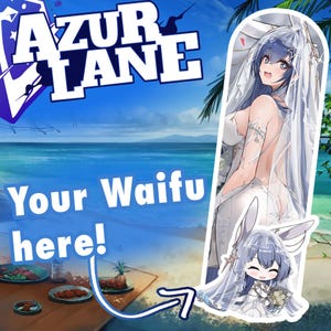 May include: Promotional image for Azur Lane. It features an anime character in a bridal gown with blue hair. The text "Azur Lane" and "Your Waifu here!" are displayed against a tropical beach backdrop.