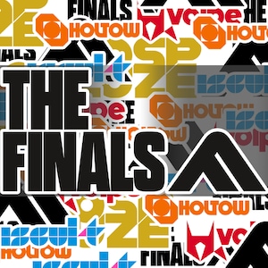 May include: A black and white graphic design with the text "THE FINALS" in bold white letters. The background is a collage of colorful geometric shapes and text, including the word "HOLTOWW" repeated several times.