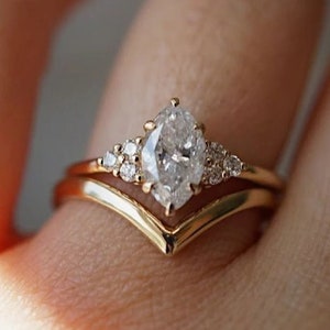 Marquise Cut Moissanite Wedding Ring Set Plain Wedding Band 10K Yellow Gold Anniversary Ring Set Promise Ring Anniversary Gift Promise Ring