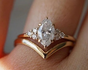 Marquise Cut Moissanite Wedding Ring Set Plain Wedding Band 14K Yellow Gold Anniversary Ring Set Promise Ring Anniversary Gift Promise Ring