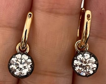 Gypset Hoop Earrings Round Moissanite Set In Georgian Style Cut-Down Setting Blackened White Gold & Yellow Gold Georgian Look Earring