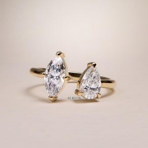 Toi et Moi Marquise & Pear Moissanite Ring, 14K Gold Two Stone Engagement Ring, Unique Bridal Jewelry, Anniversary Gift for Her, Open Ring