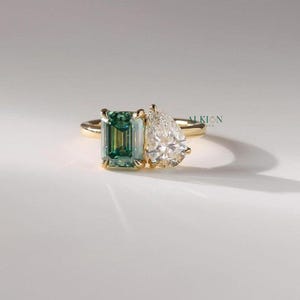 14K Gold Toi Et Moi Engagement Ring Emerald And Pear Cut Moissanite Ring You And Me Wedding Ring Anniversary Ring For Her Gift For Her