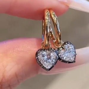 Gypset Hoop Earrings 6mm Heart Moissanite Set In Georgian Style Cut-Down Setting Blackened White Gold & Yellow Gold Georgian Look Earring