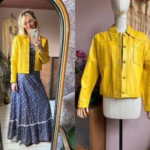 size M vintage 1970s yellow leather jacket afbeelding 1