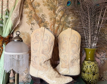 vintage 1970s cream ostrich Tony Lama western boots