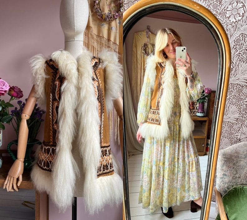 size M RARE and insanely beautiful vintage 1960s shearling embroidered long afghan vest Bild 1