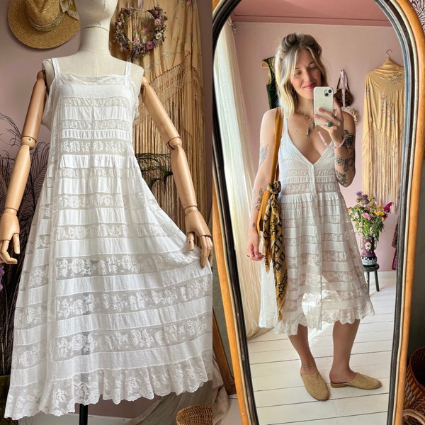 size L antique 1910s Edwardian cotton lace slipdress