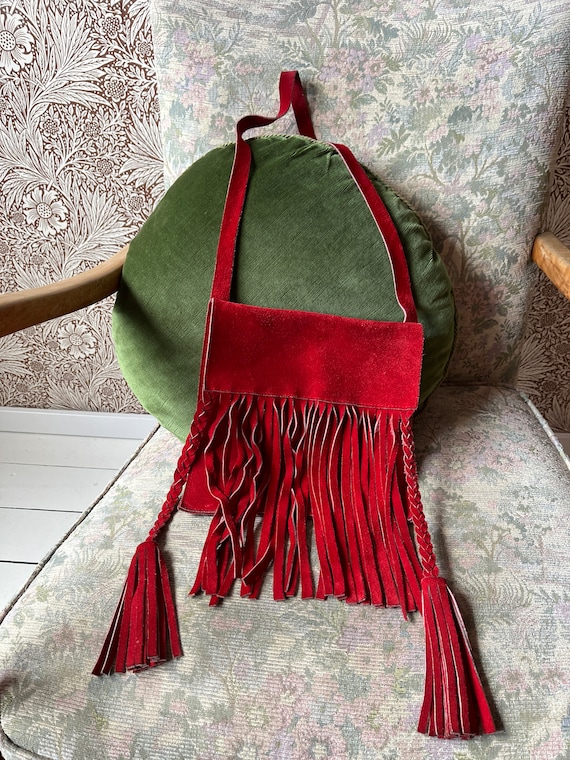 gorgeous vintage 1960s red suede fringe tassel bag - image 2