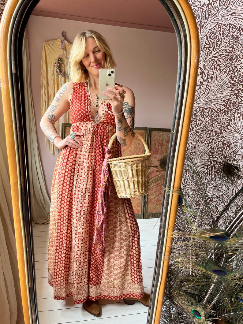 size S gorgeous vintage 1970s indian cotton maxi summer dress afbeelding 2