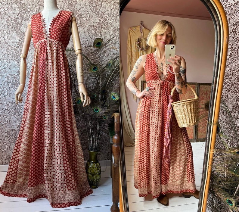 size S gorgeous vintage 1970s indian cotton maxi summer dress afbeelding 1