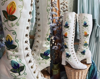 size EU36 RARE vintage 1960s white leather embroidered GOGO boots - penny lane