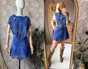 size XS vintage 1970s blue suede western fringe set