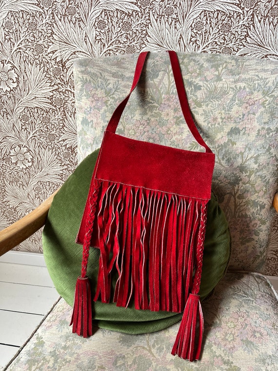 gorgeous vintage 1960s red suede fringe tassel bag - image 3