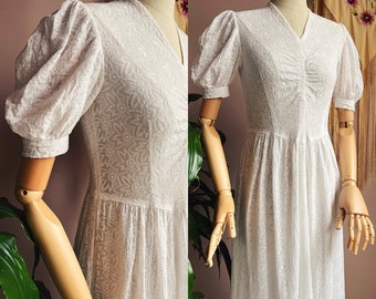 size S antique 1930s puff sleeve delicate lace cotton gauze embroidered wedding dress