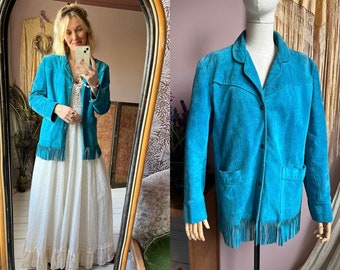 size M/L wondrous vintage 1970s turquoise suede fringe jacket