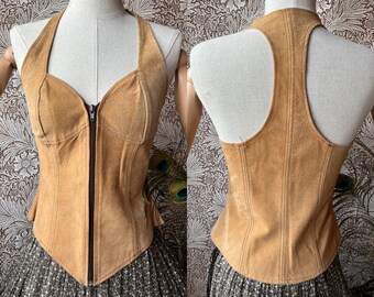 size XS vintage 1970s suede zip up bustier top with racer back