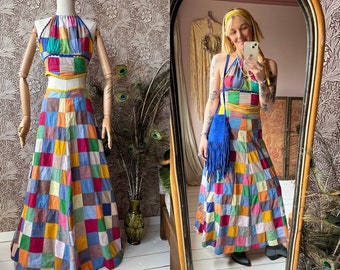 size S/M incredible vintage 1960s patchwork set - skirt and halter top