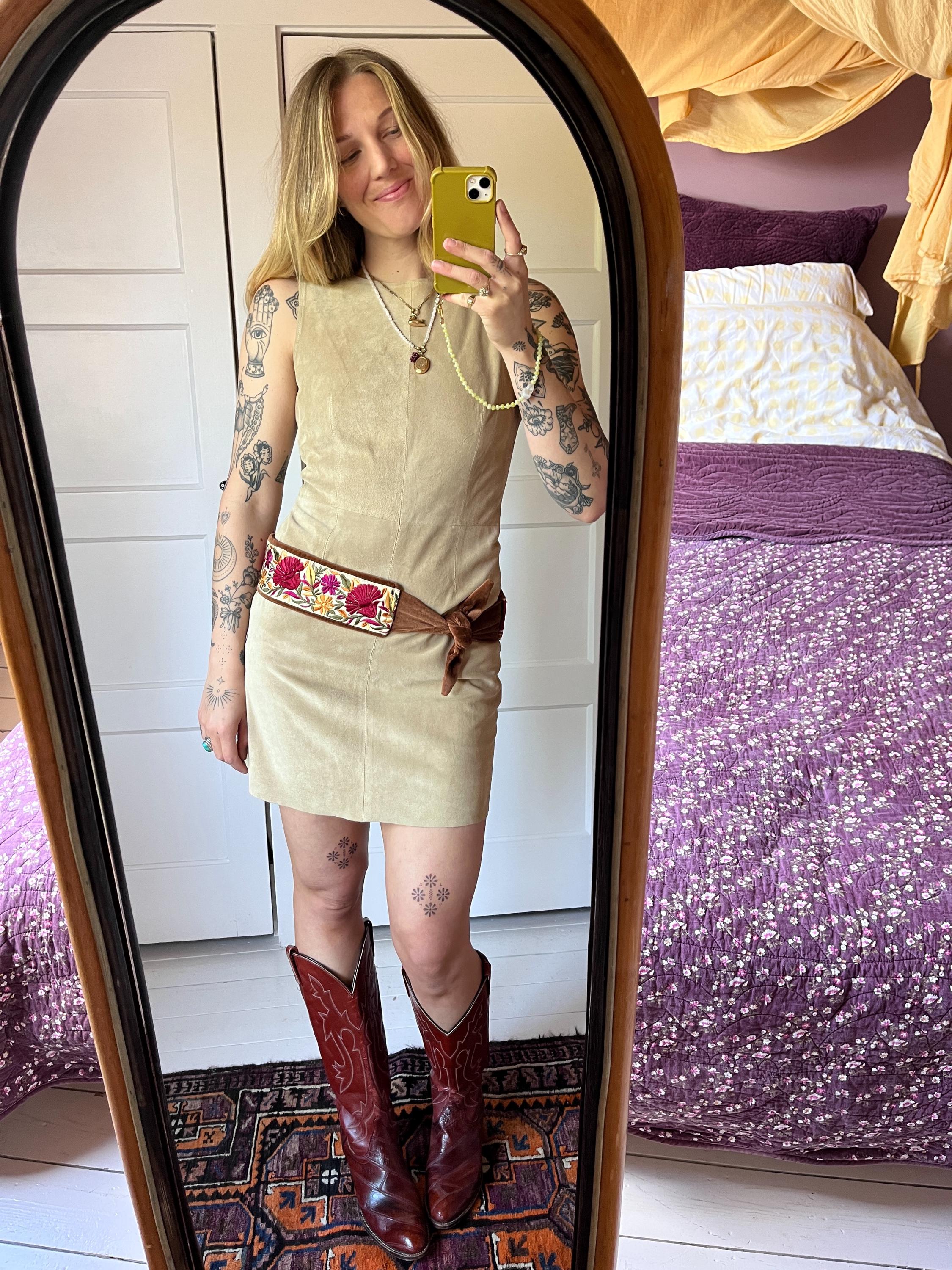 S/M vintage 1970s suede mini dress