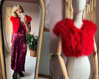 size S vintage 1970s red feather bolero by Phillipe Champagne