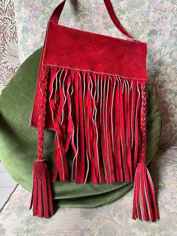 gorgeous vintage 1960s red suede fringe tassel bag - image 4