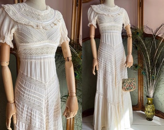 size XS vintage 1970s gauze cotton lace crochet bohemian dream dress